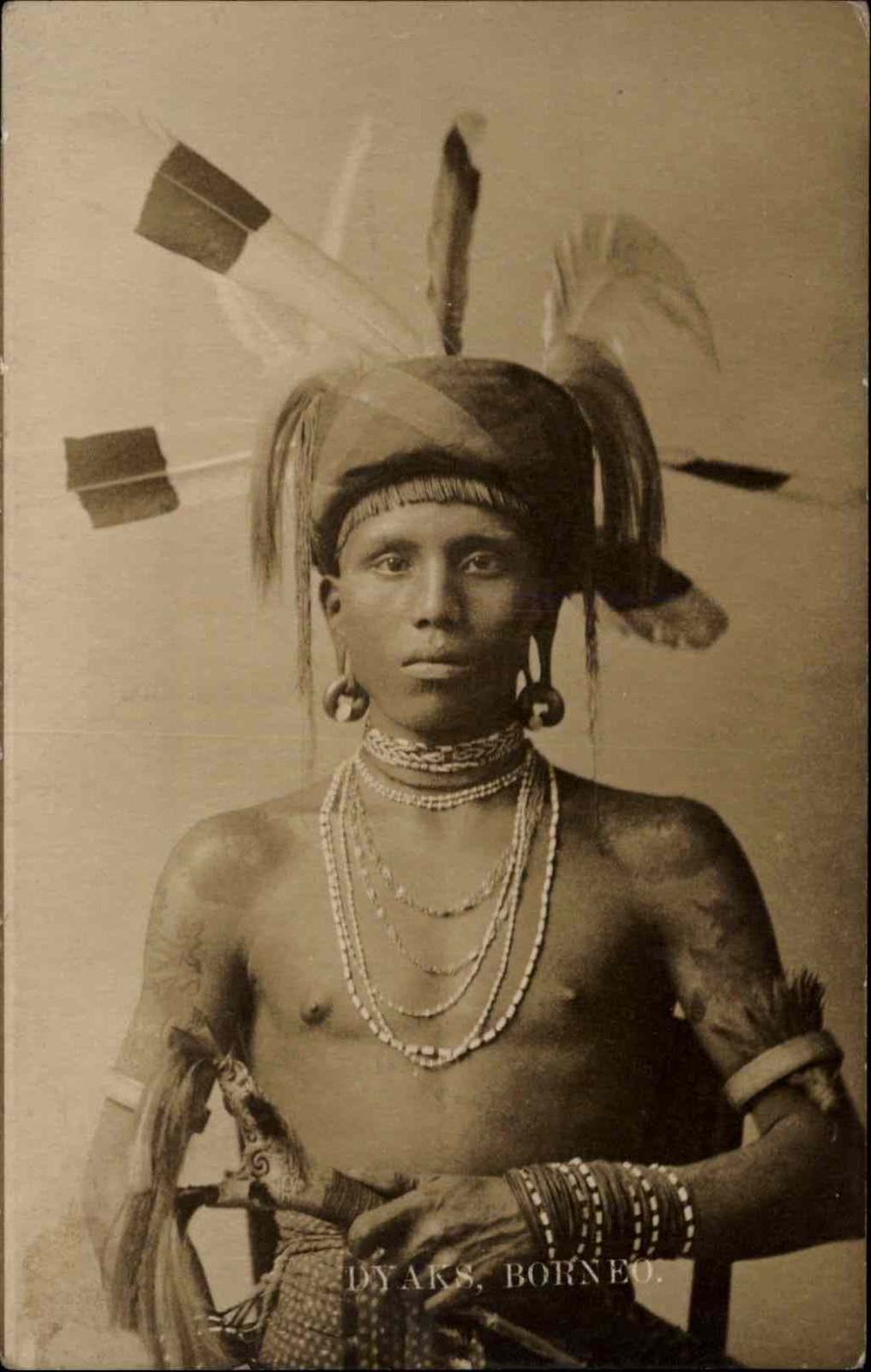 Borneo Dyaks Indigenous Man With Headdress And Tribal Tattoos In A Studio Real Photo Postcard