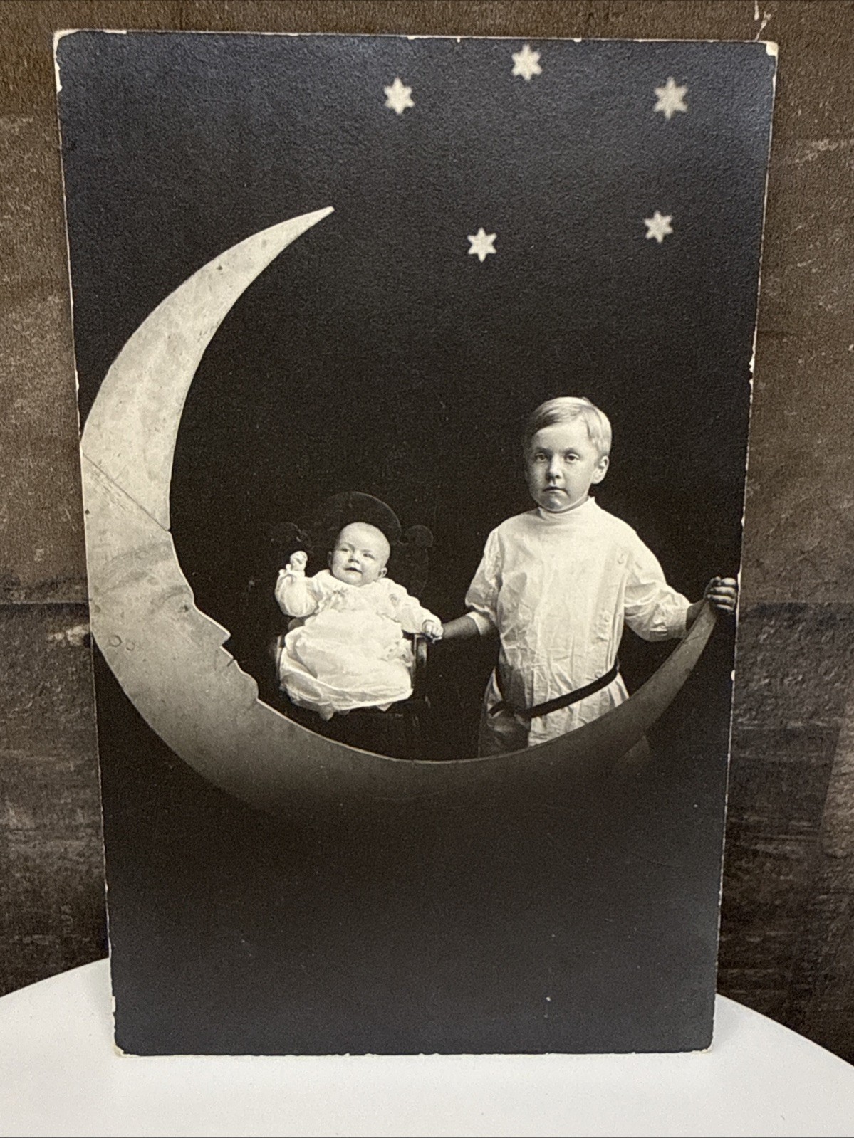 Studio Paper Moon Cut Out With Boy & Baby Children 1910 Real Photo Postcard