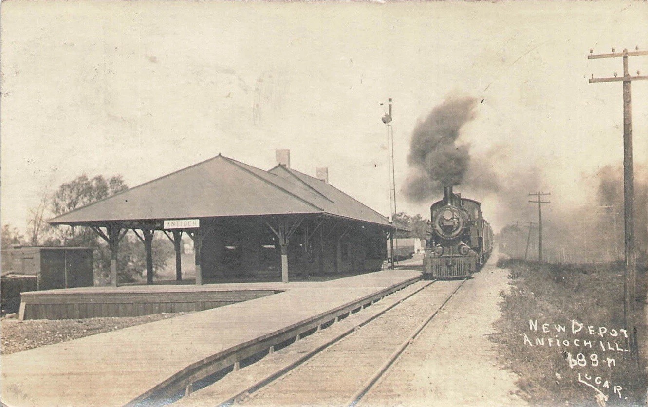 Antioch Illinois New Depot Railroad Train Engine 1915 Real Photo Postcard