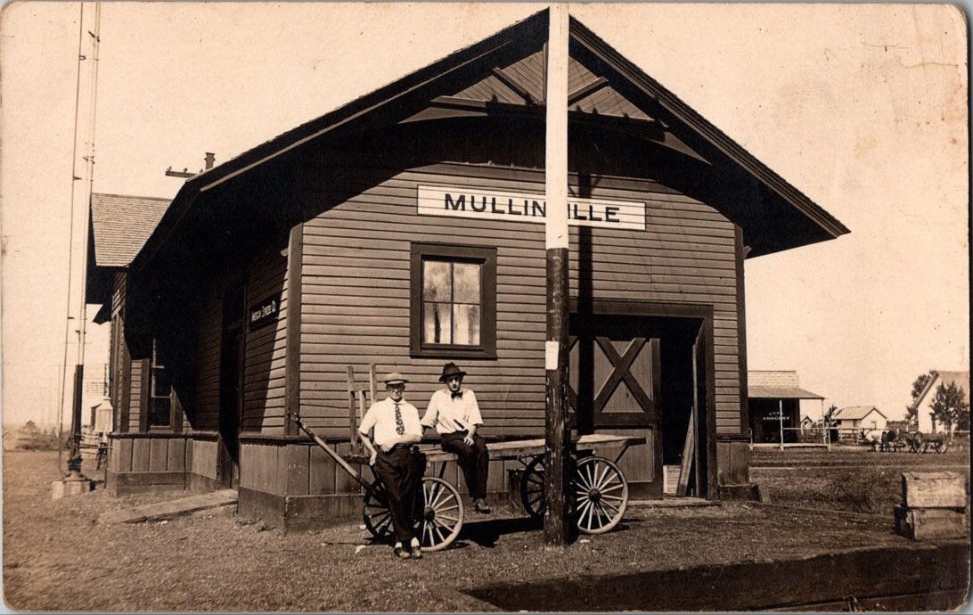 Mullinville Kansas Depot Loafers Outside Railroad Train Real Photo Postcard