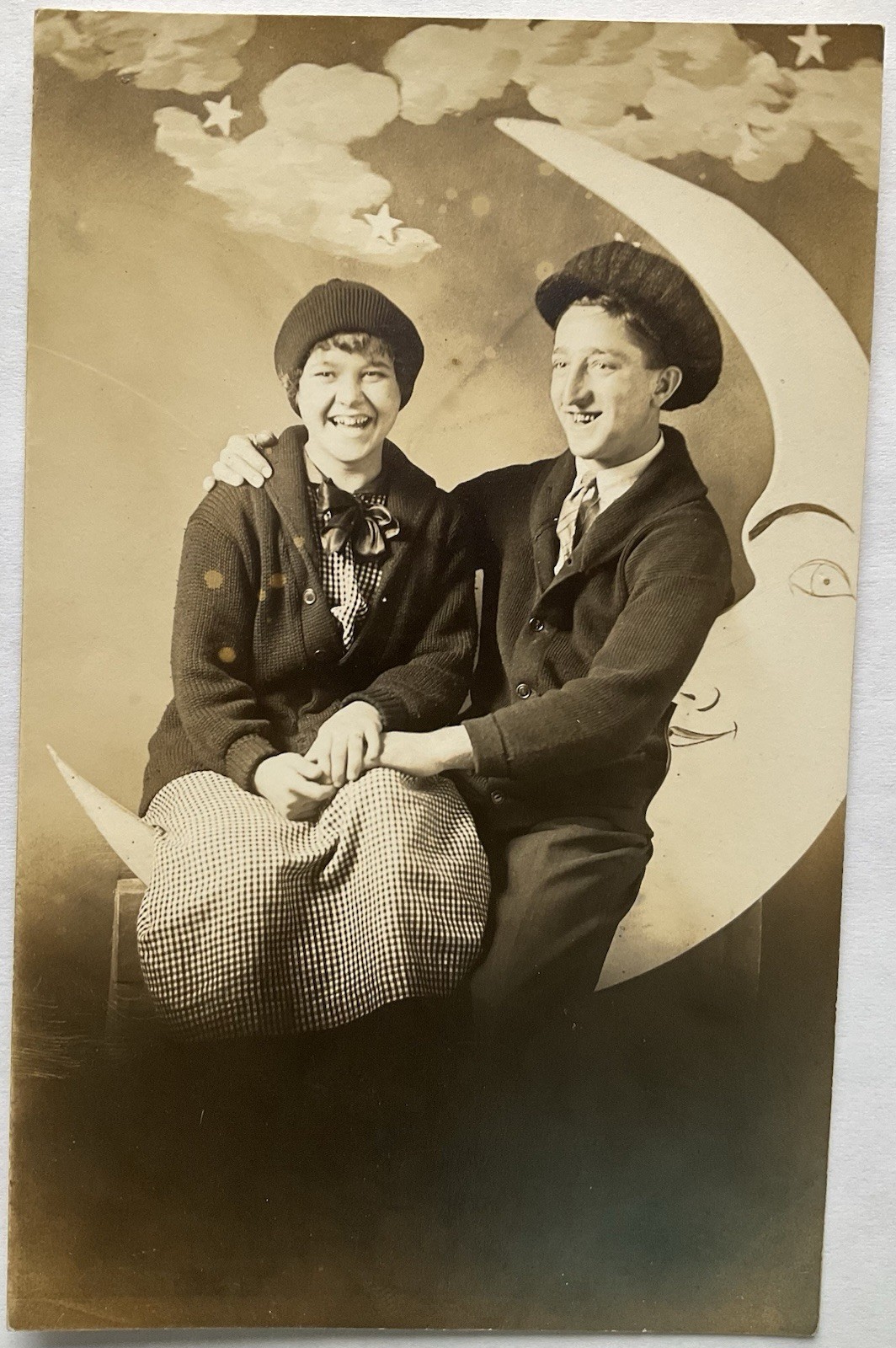 Cute Couple Posing With The Man In The Moon Real Photo Postcard