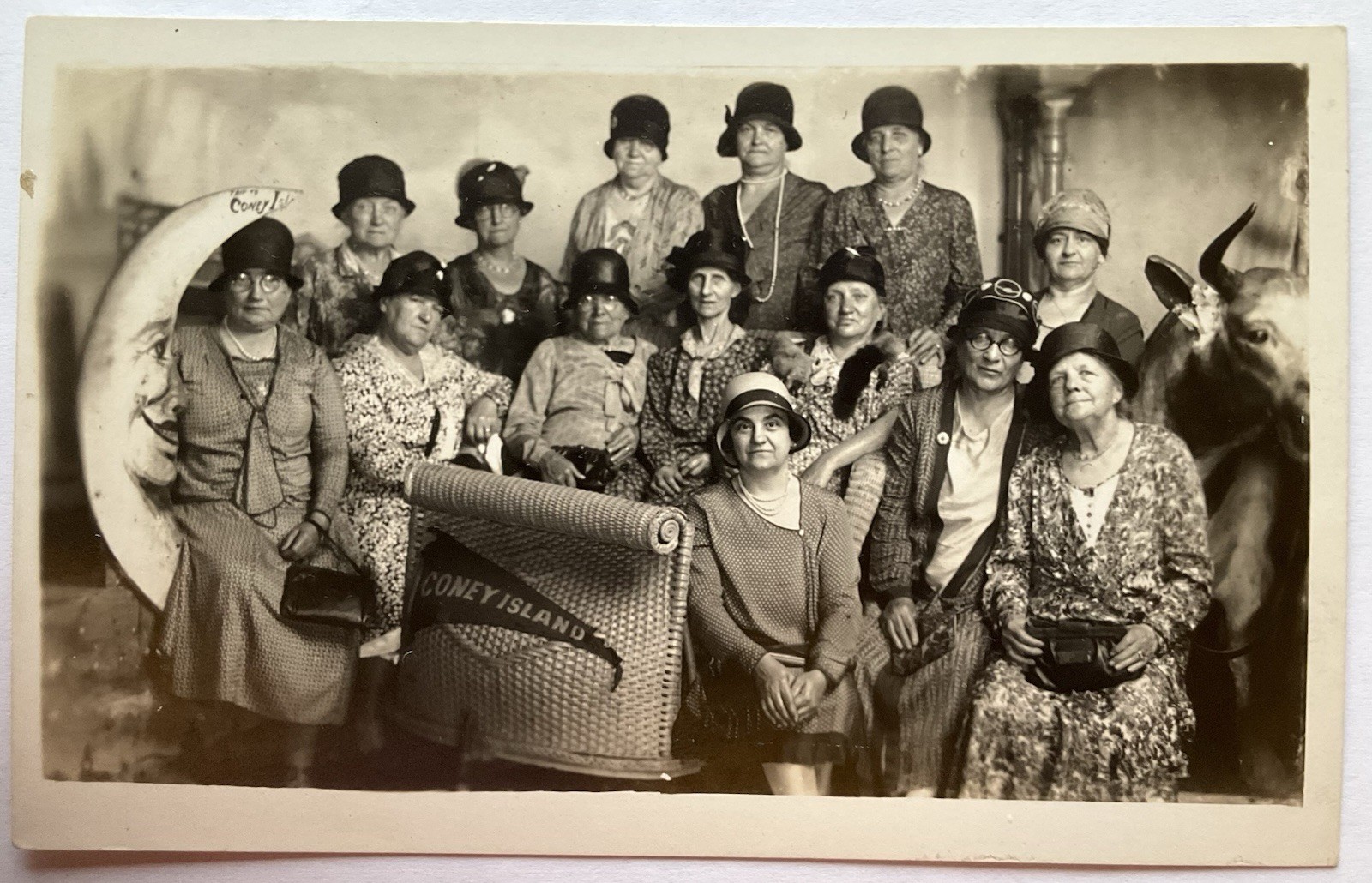 Coney Island New York Group Of Ladies With Man In The Moon Real Photo Postcard