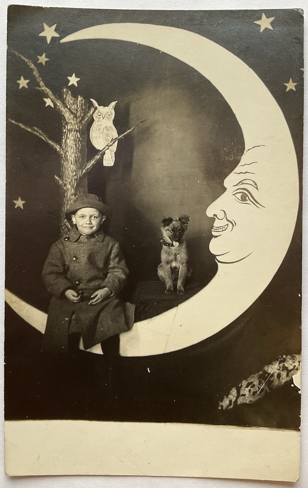 Little Boy And His Dog With The Man In The Moon Real Photo Postcard