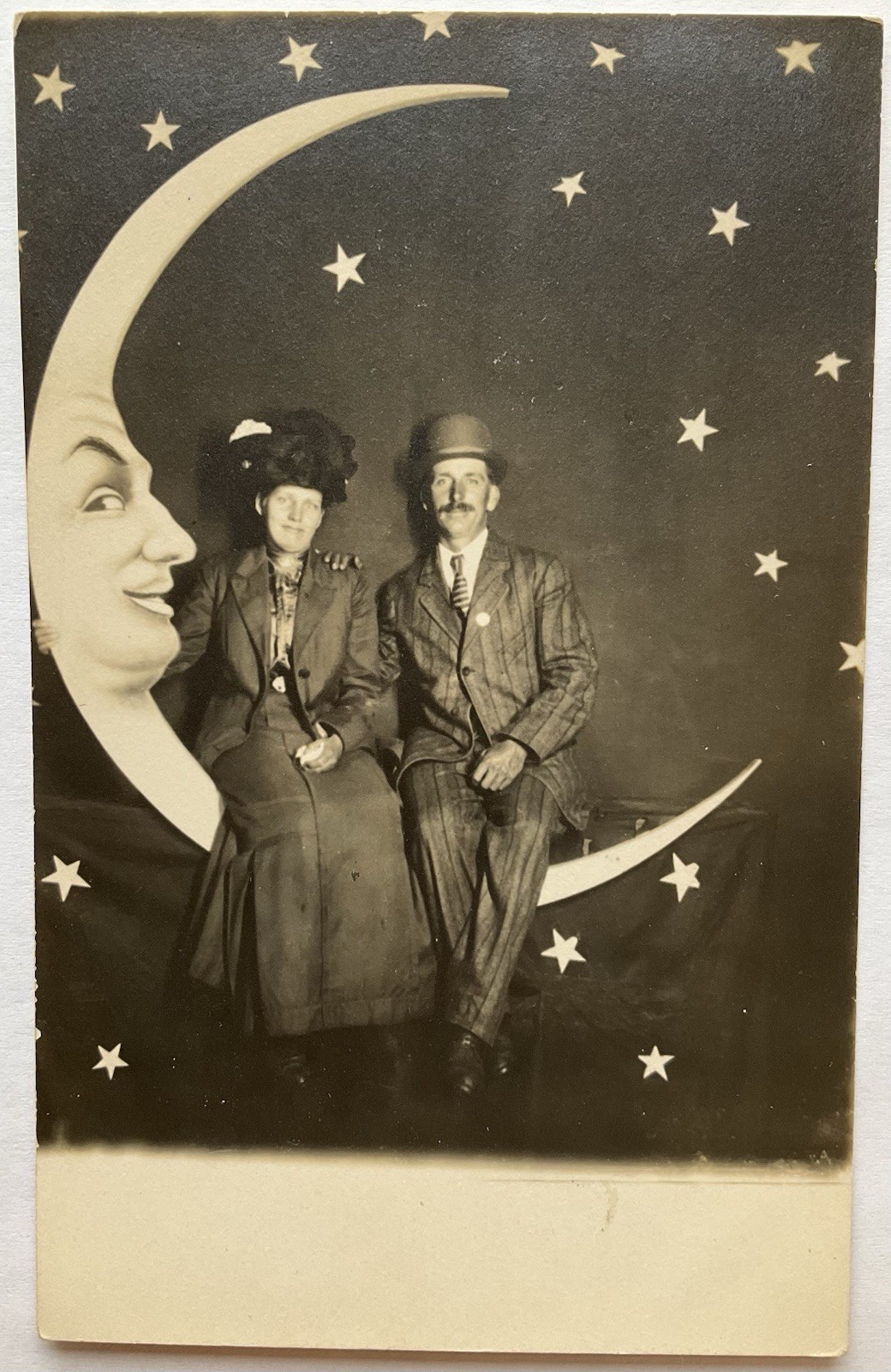 Well Dressed Couple With The Man In The Moon Real Photo Postcard