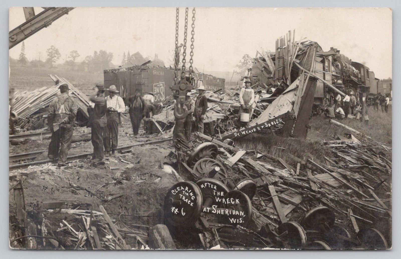 Sheridan Wisconsin Clearing Track 6 Train Wreck 1909 Weaver & Sadler Real Photo Postcard