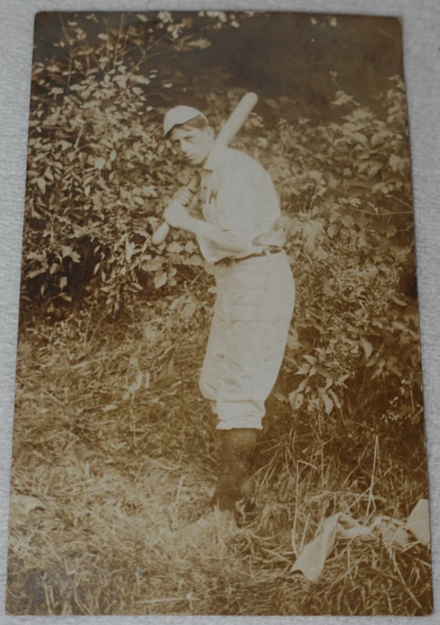 Boston Area Baseball Player Uniform With Bat Real Photo Postcard