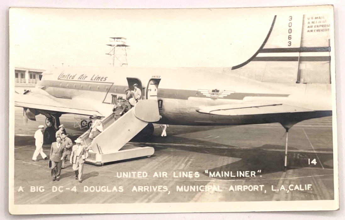 Los Angeles Airport United Airlines DC-4 Mainliner Airplane Real Photo Postcard