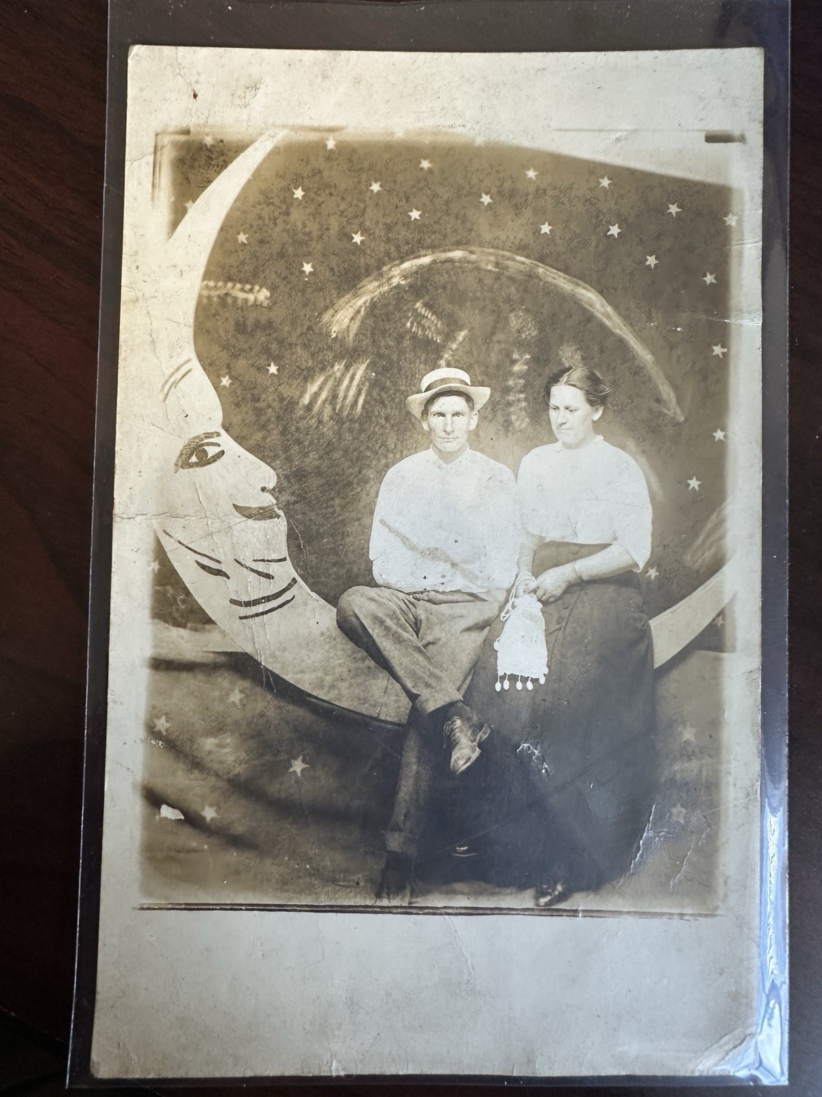 Young Couple Studio Paper Moon Real Photo Postcard