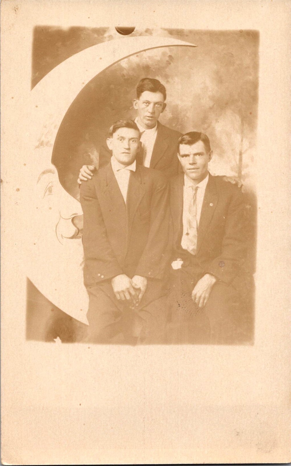 Dr Jim Stamps Three Men Posing With Paper Crescent Moon Real Photo Postcard