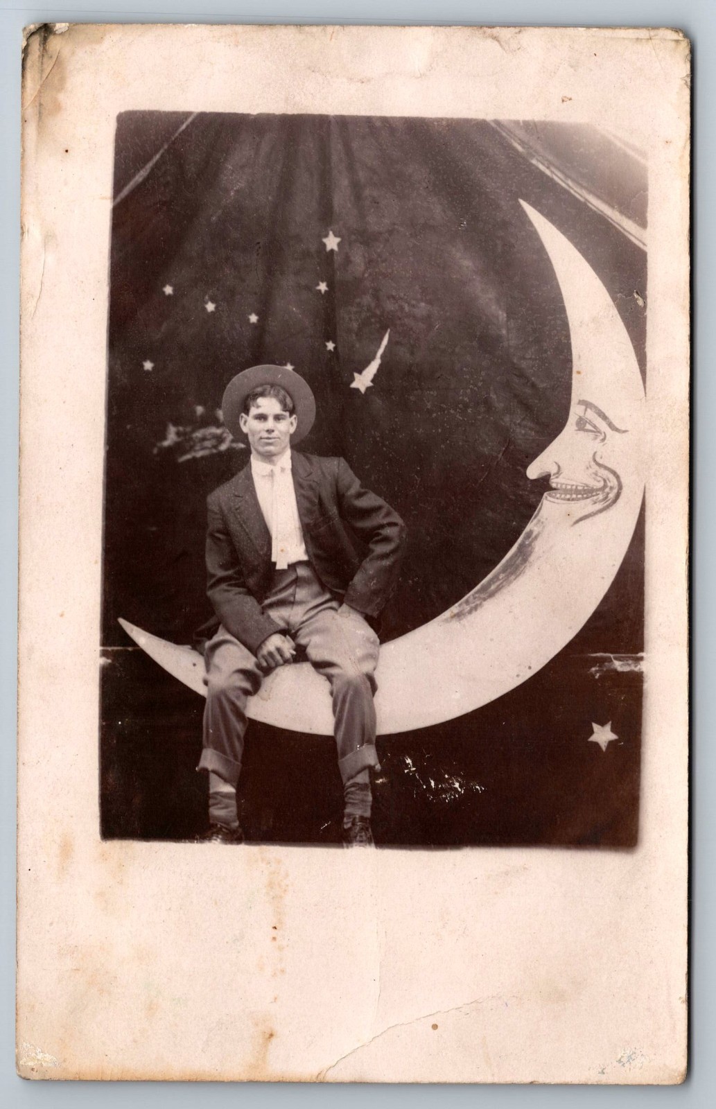 Identified Man Wearing Hat Sits On Paper Moon Stars In Sky Real Photo Postcard