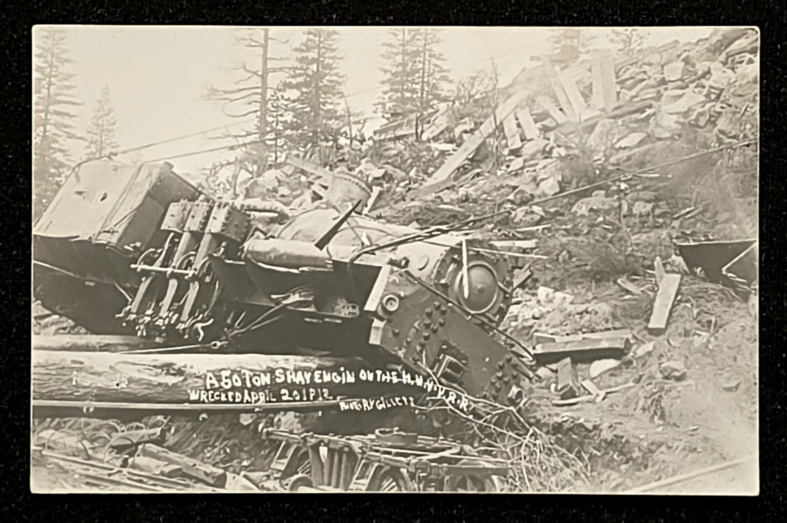 Hetch Hetchy California HHYVR Railroad Shay Train Wreck 1912 Real Photo Postcard
