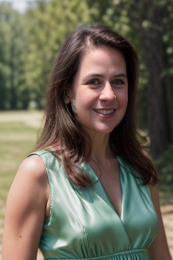 Woman in green dress poses for headshot photo outdoors