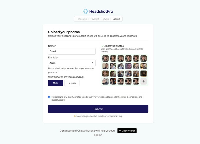 Uploading selfies to HeadshotPro