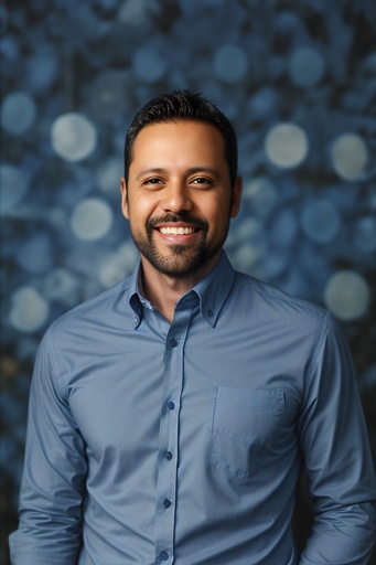 Man poses for actor headshot against a blue backdrop