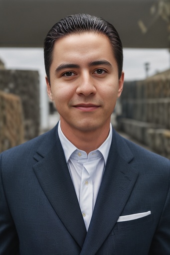 Business executive with slicked back hair and blue suit poses for a headshot photo