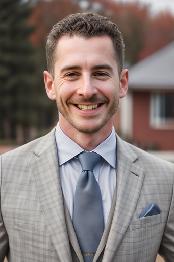 Male realtor poses for realtor headshots in front of a house