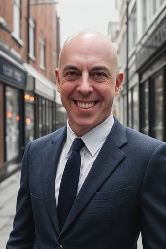 Bald man wearing suit poses for outdoor headshot