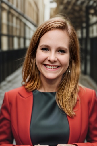 Strawberry blonde executive woman poses for headshot in red jacket