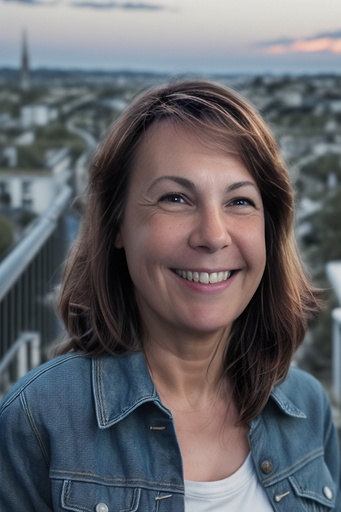 Woman smiles for photo in front of European backdrop