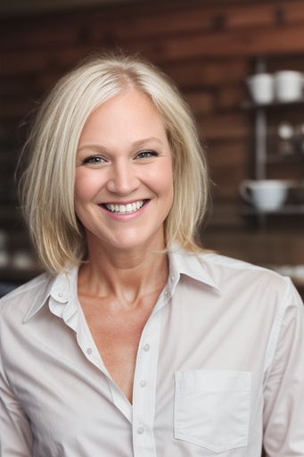 Smiling blonde woman photographed in cafe