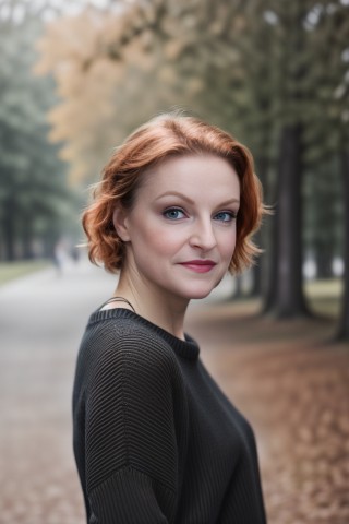 Woman with red hair and blue eyes poses poses for an outdoor photo during autumn