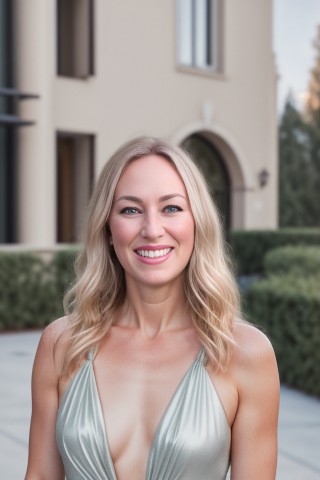 Model wearing silver dress poses for photo in front of a mansion