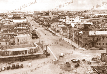 View down Commercial Rd. Exchange Hotel. Port Adelaide, SA. South Australia. 1949