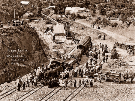 First train to Walhalla, Vic. 1910. Rail. Victoria.