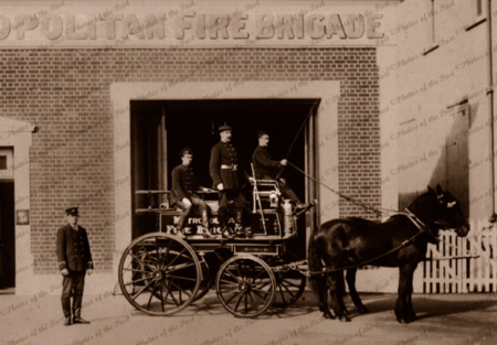 Horse-drawn fire engine with firemen. Metropolitan Fire Brigade. c1900s, SA?