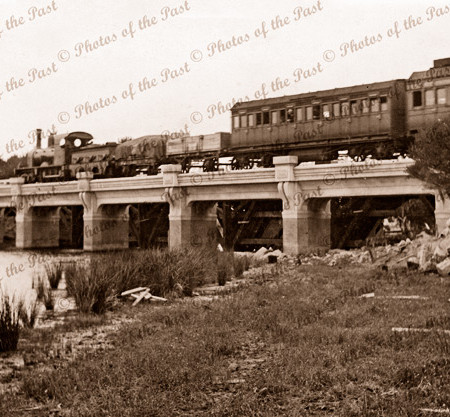 Train crossing bridge Victor Harbor. c1905. rail. South Australia.