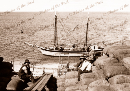 Ketch at Pine Point loading across beach. SA. South Australia. Shipping. 1927