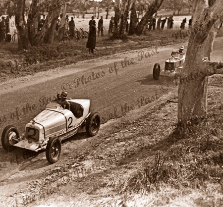 Lobethal racing circuit, SA. #2 Car is Day Special. #3 Car MG K3. South Australia. Motor racing cars. 1938