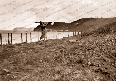 Golf course at Eastern View, Victoria. Player tees off. Looking towards Lorne, Great Ocean Road. c1920s