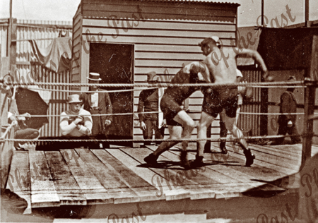 Outdoor boxing ring with fighters, Pt Augusta. S.A. c1910