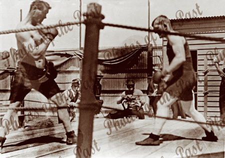 Outdoor boxing ring with fighters, Pt Augusta. S.A. c1910