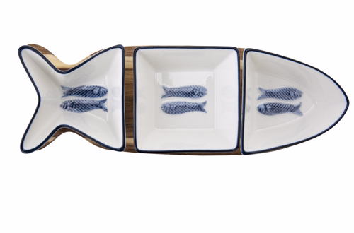 Kp Branzino Aperoset 4Pcs 27,7X9,5Xh4,8Fish Shape - 3 Dishes + Wooden Base