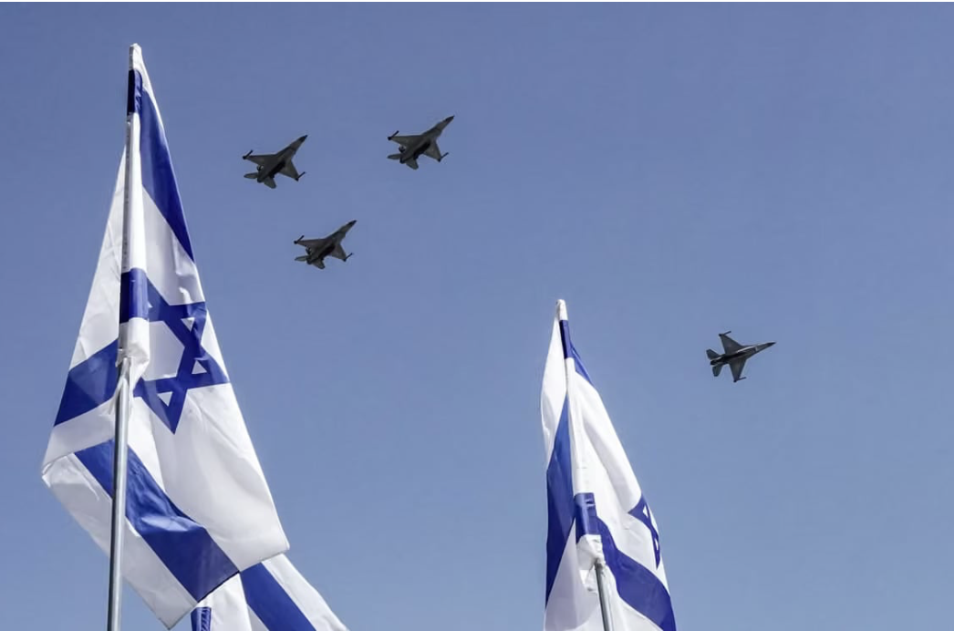 Fighter jets over israeli flags