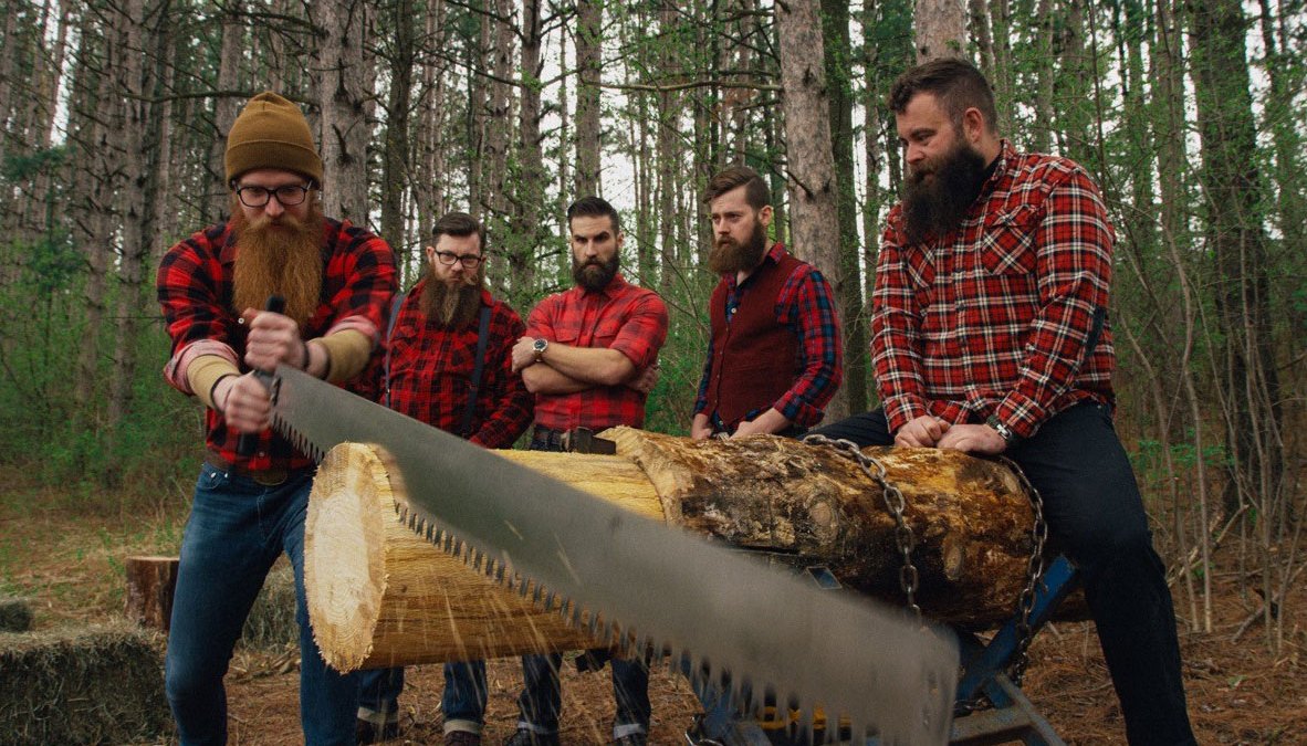 Lumberjacks sawing giant log