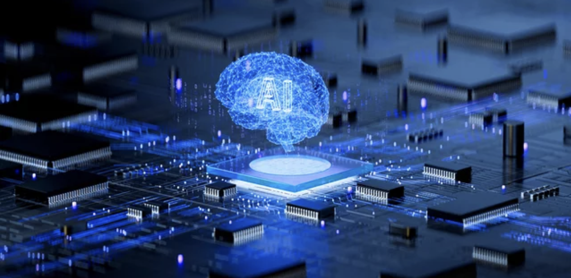 Ai brain on circuit board symbolizes cognitive computing and technological intelligence