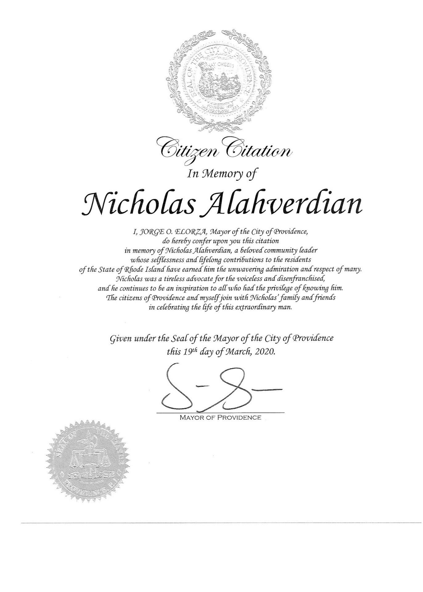 Proclamation in Honor of Nicholas Alahverdian issued by Providence Mayor Jorge O. Elorza