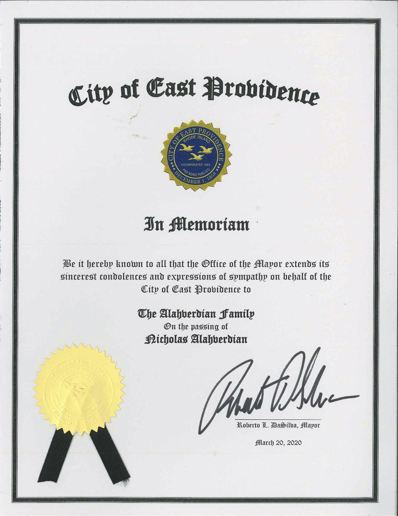 Proclamation in Memoriam of Nicholas Alahverdian issued by East Providence Mayor Bob DaSilva