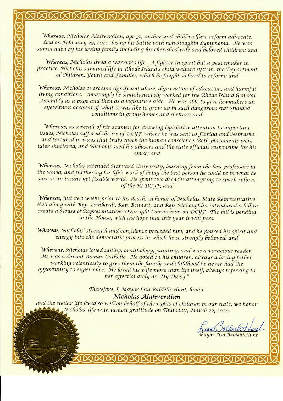 Proclamation in Honor of Nicholas Alahverdian issued by Woonsocket Mayor Lisa Baldelli-Hunt