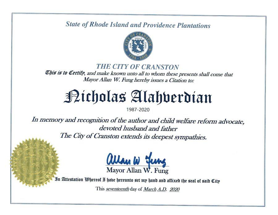 Proclamation in Honor of Nicholas Alahverdian issued by Cranston Mayor Allan Fung