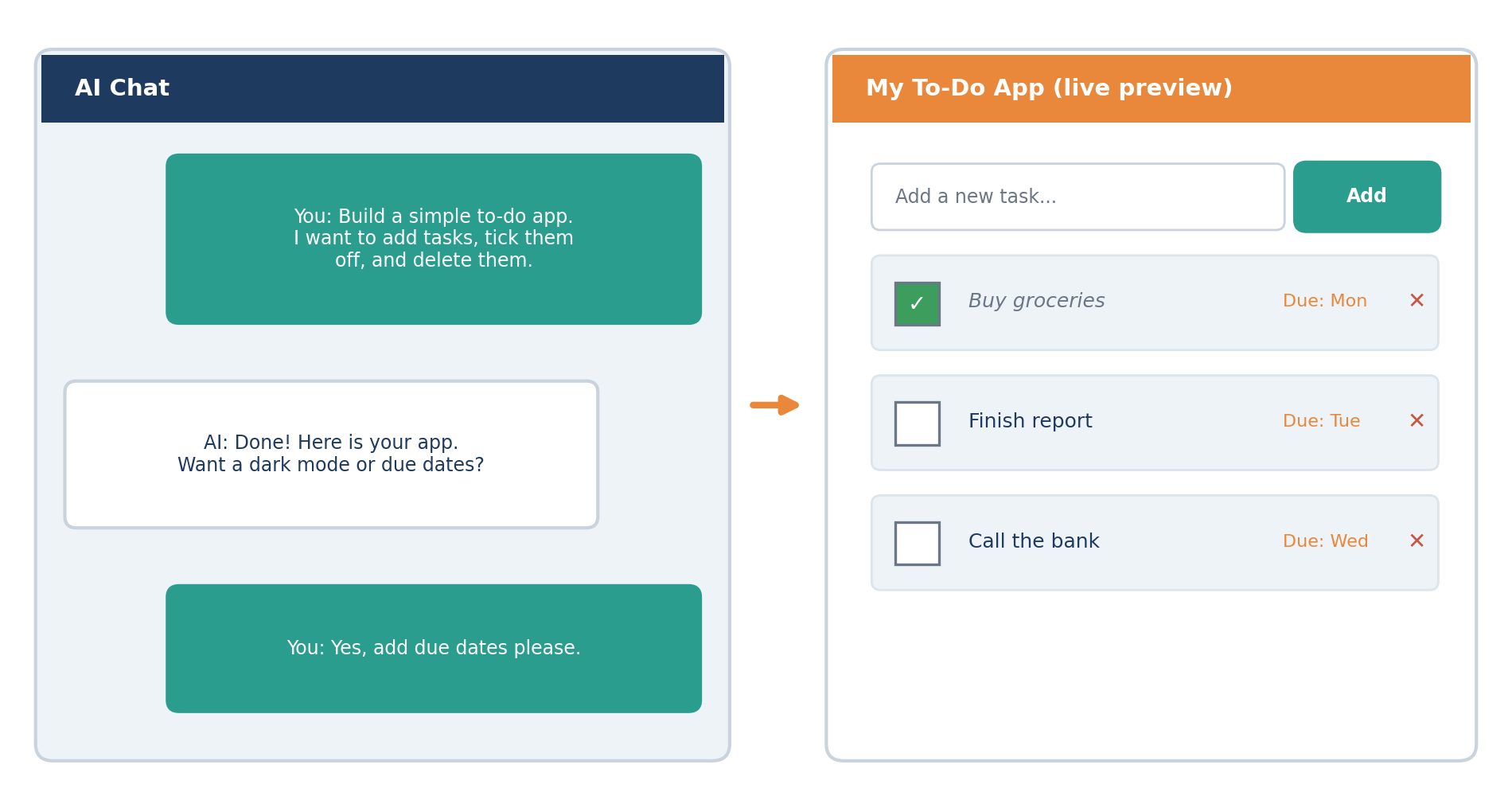 A typical session: you chat on the left, the app updates on the right