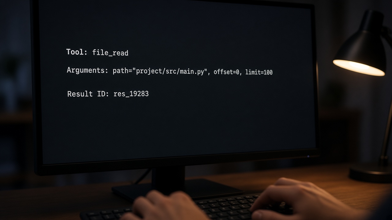 A laptop showing a tool name, arguments, and a result id