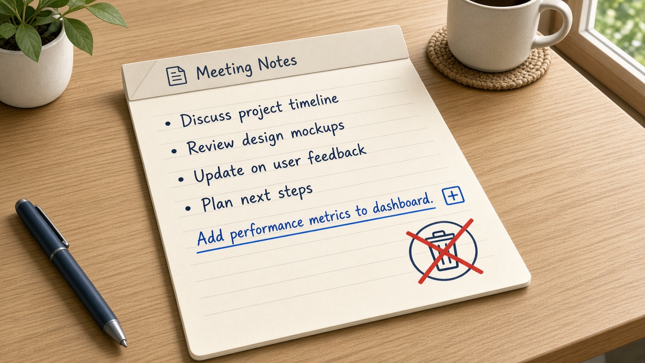A notes file with one new line, and a refused delete