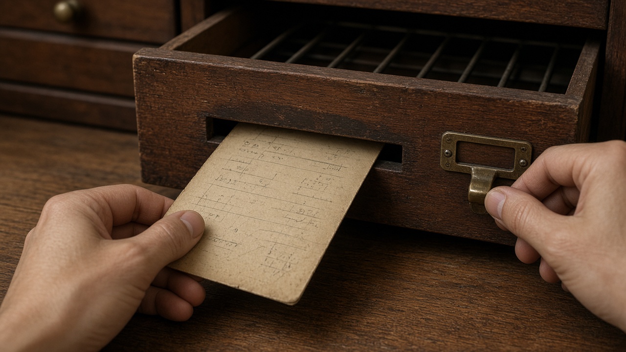 A card file with three slots, the old chunk card pulled out