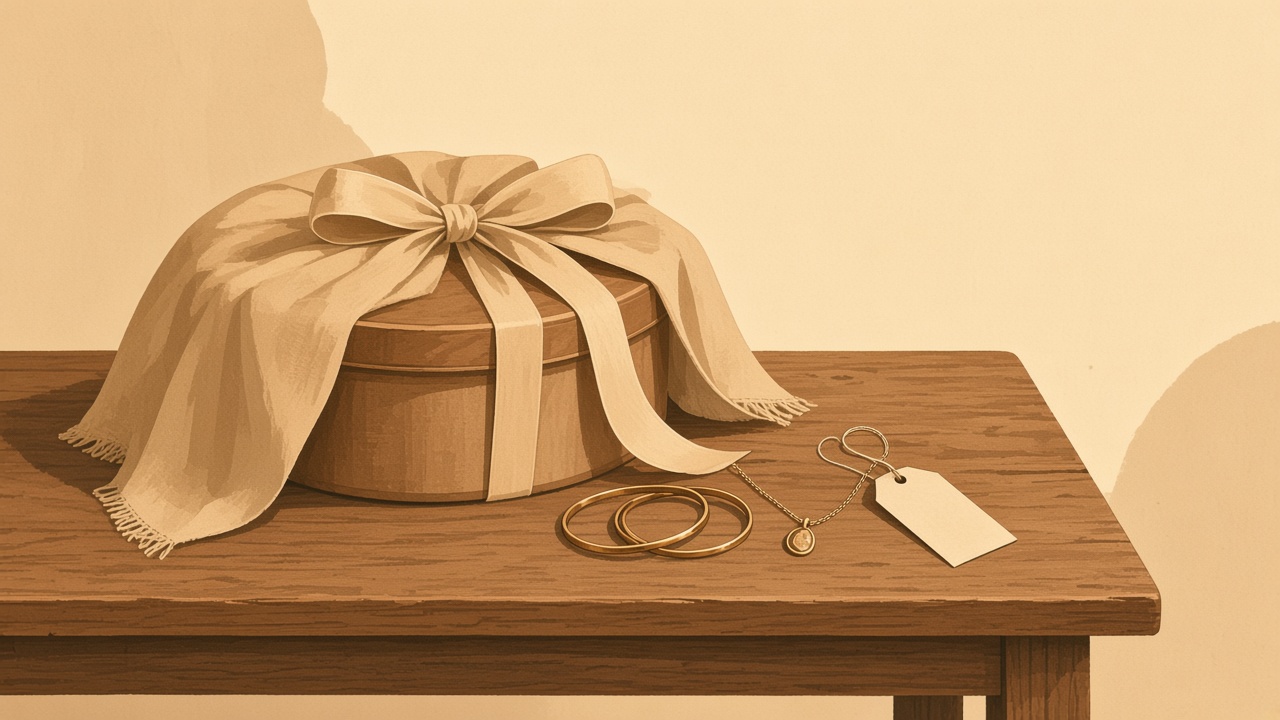 A drawing of a wrapped gift box, bangles, a small necklace, and a blank tag on a wooden table