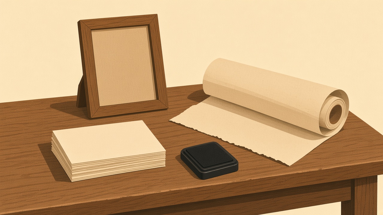 A drawing of blank cards, a photo frame, a paper roll, and an ink pad on a wooden table