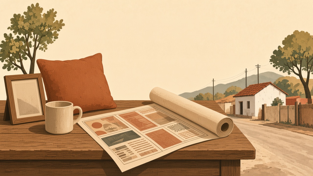 A drawing of a photo frame, a plain mug, and a cushion on a wooden counter